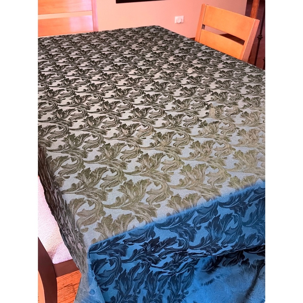 Forest Green Damask Rectangular Tablecloth 69 x 121 Floral Acanthus Leaf Pattern